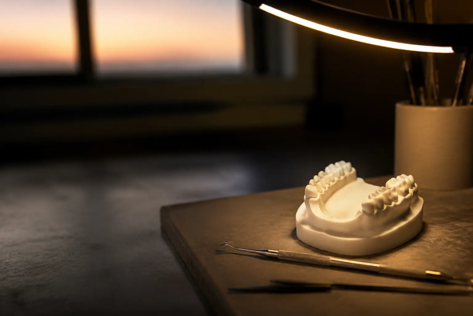 Real unbranded ceramic dental arch form on a dark laboratory workbench beneath a warm curved light